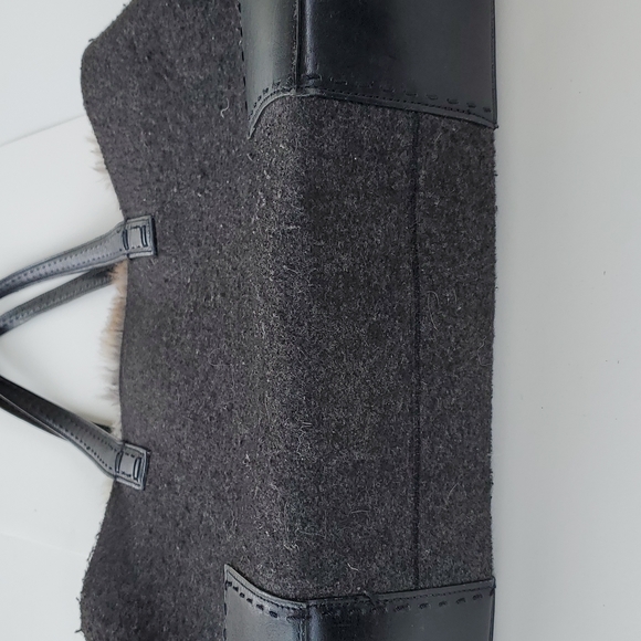 Cole Haan Grey Wool Black Leather and Rabbit Fur Trim Shoulder Bag Purse - Picture 3 of 9